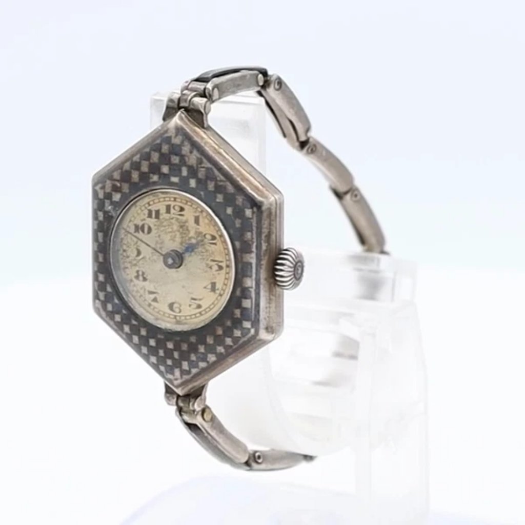 Vintage Niello Checkerboard Hexagon Ladies Mechanical Wristwatch .800 Silver
